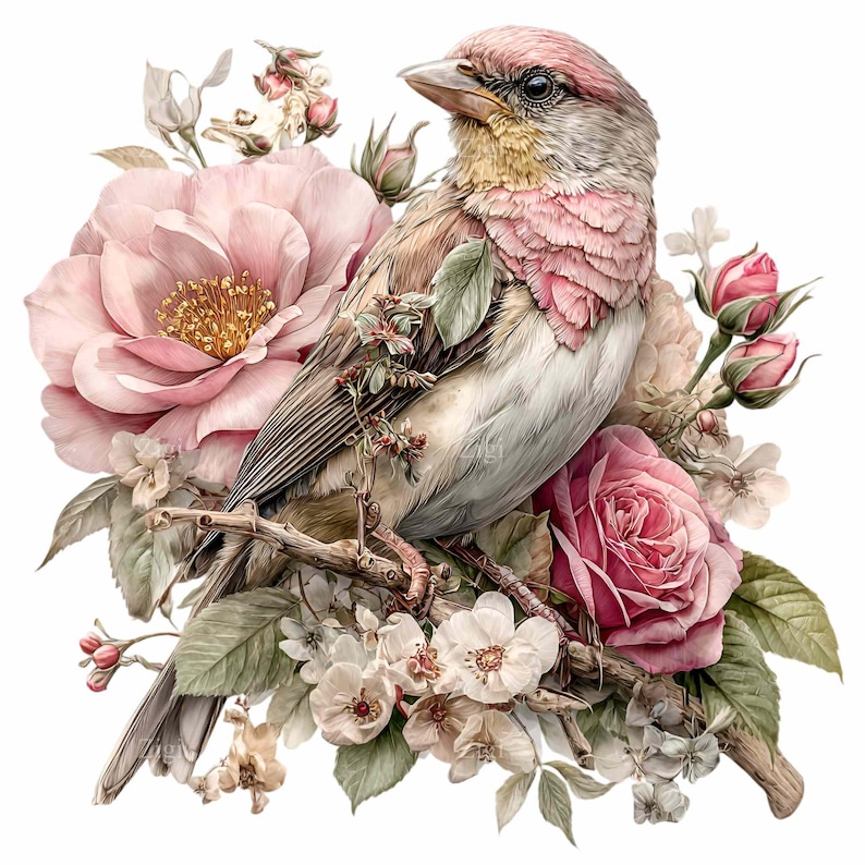 May include: A watercolor illustration of a bird perched on a branch, surrounded by pink roses and other flowers. The bird has pink and brown feathers, with a yellow beak. The flowers are in various shades of pink and white, with green leaves.