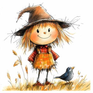 24 Images clipart épouvantail JPEG – Jolie fille automnale avec chapeau de paille, chemise à carreaux, robe orange, avec oiseau et champ de blé