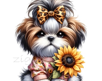 15 PNG Shih Tzu Clipart, Sunflower Puppy Graphics, Leopard Bow Dog Sublimation