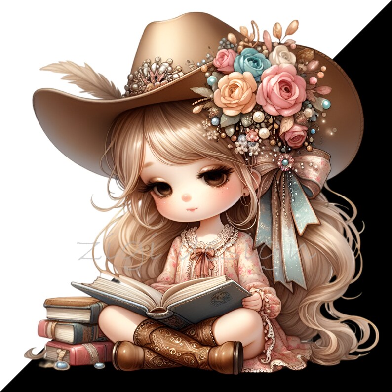 May include: A young girl with long blonde hair wearing a brown cowboy hat with a floral embellishment and a pink dress sits cross-legged on the floor reading a book. She is wearing brown boots with intricate designs. A stack of books is beside her.