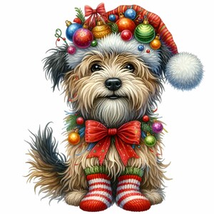 10 Clipart PNG di cuccioli di Natale / Cane carino con cappello di Babbo Natale e ornamenti / Illustrazione di animali domestici per le feste per artigianato e biglietti