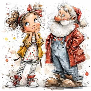 23 JPEGサンタと女の子のクリップアート – かわいいクリスマス漫画JPG – グリーティングカード、子供の工芸品、冬のプリントのためのお祝いの休日アート