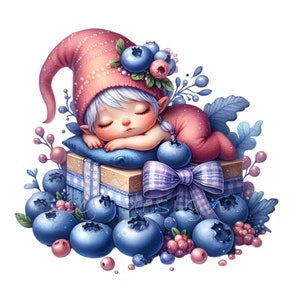 10 PNG Blaubeer-Zwerg-Clipart - Niedliche Früchte-Elfen PNG - Wunderliche Sommerkunst für Kinderzimmer-Drucke, Kinder-Party-Dekor, Karten und Bastelarbeiten
