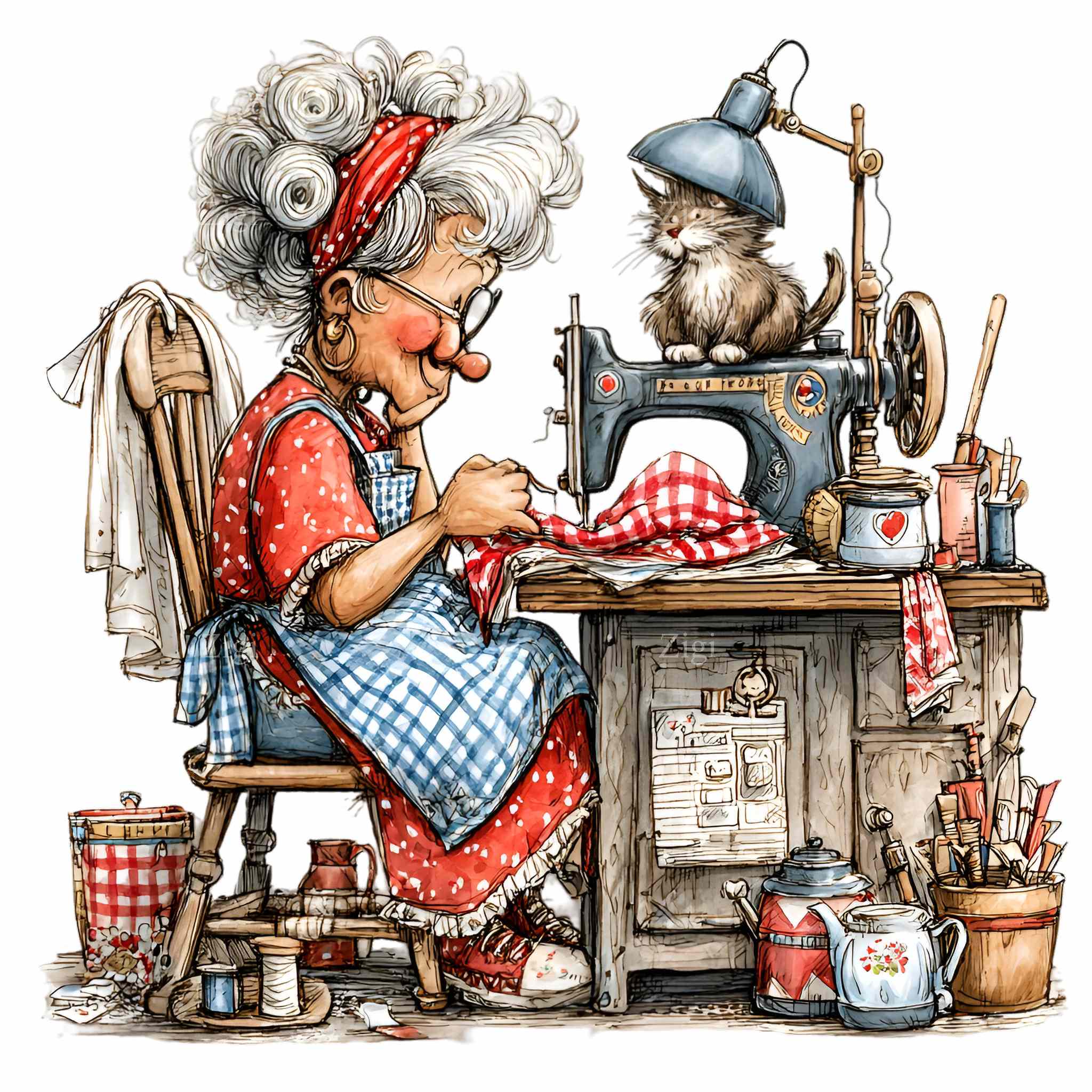 12 PNG Grandma Sewing Clipart, Cat Quilting Machine Craft Design - Etsy