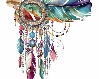 May include: A colorful dreamcatcher with a beaded fringe and feathers. The dreamcatcher has a circular frame with a woven design and is decorated with beads and feathers in shades of blue, green, purple, pink, and brown.