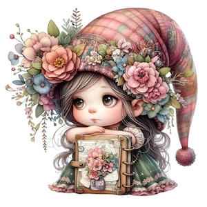 10 PNG Floral Journal Mädchen - PNG-Zwerg-Clipart - Niedliche, wunderliche Kunst für Planeraufkleber, Wanddekor oder Scrapbooking