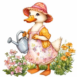 16 Enten-Gärtner PNG Clipart - Blumenschürze, Gießkanne, Blumenhut, umgeben von Blüten - Spring Duck Art