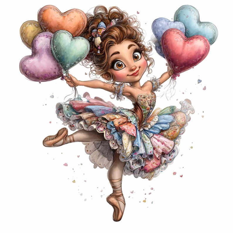 May include: A whimsical illustration of a dancing ballerina holding heart-shaped balloons. The ballerina wears a colorful tutu and ballet shoes. The balloons are in shades of pink, orange, blue, and green. The image has a watercolor style.