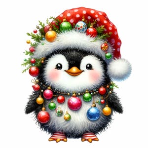 12 Pinguins de Natal PNG – Clipart de Pássaros Fofos de Natal – Arte de Animais Festivos de Inverno para Sublimação, Camisetas Infantis, Adesivos, Artesanato
