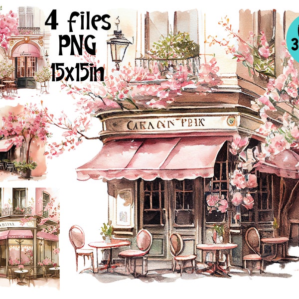 French Café Clipart, Watercolor Paris Bistro PNG Sublimation