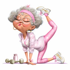 26 png grappige fitness oma png-clipart, senior vrouw in roze trainingsoutfit die yogahouding doet, leuke oefening sublimatieontwerp