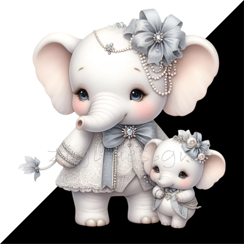 May include: Two white, cartoon elephants dressed in white and gray lace dresses with pearl and rhinestone embellishments. The larger elephant has a gray bow and a gray flower on her head. The smaller elephant has a white flower on her head.