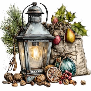 Könnte beinhalten: Eine Laterne im Vintage-Stil mit einer leuchtenden Glühbirne, umgeben von Weihnachtsdekorationen. Das Bild zeigt einen Sack mit Stechpalmen, Ornamenten und Früchten sowie Walnüssen und einer getrockneten Orangenscheibe. Das Gesamtthema ist festlich und rustikal.