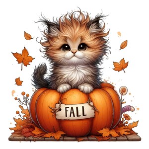10 Fall Kitten PNG, Cute Fluffy Cat in Pumpkin Clipart, Autumn ...