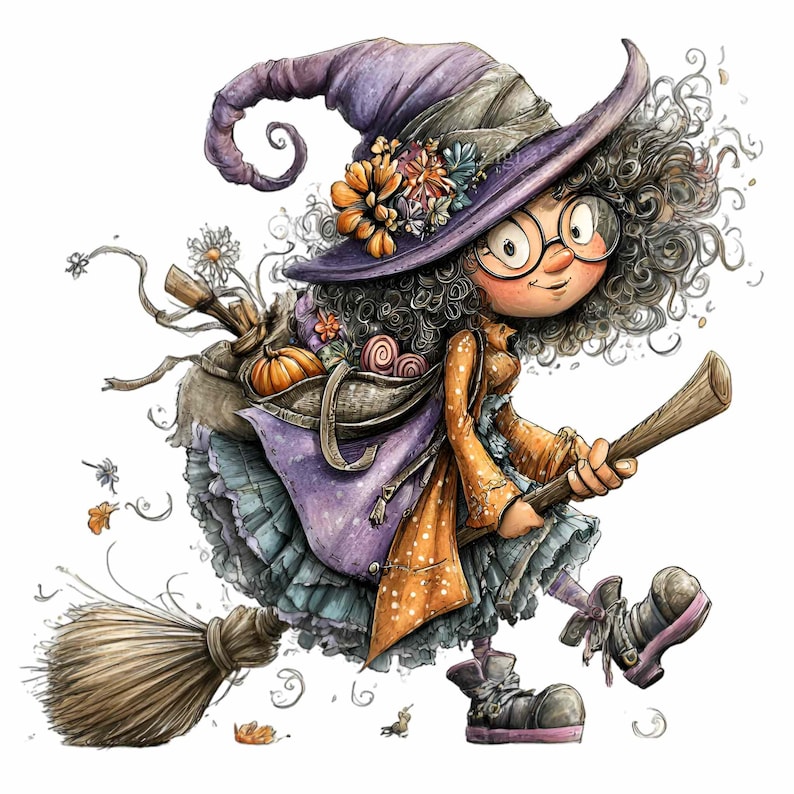May include: A whimsical illustration of a cartoon witch flying on a broom. She wears a purple hat adorned with flowers, a brown and orange dress, and round glasses. A bag on her back holds a pumpkin and candies.