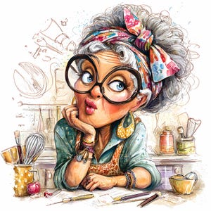 Peut inclure: Illustration à l'aquarelle d'une femme avec de grandes lunettes, un foulard floral et un tablier. Elle a les cheveux gris bouclés et porte de grandes boucles d'oreilles. Des ustensiles de cuisine et des ingrédients sont en arrière-plan, suggérant un thème culinaire.