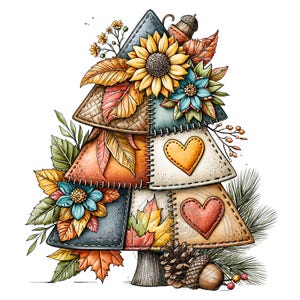12 images clipart de sapin de Noël patchwork (PNG) avec tournesol, cœur et motif automnal pour sublimation
