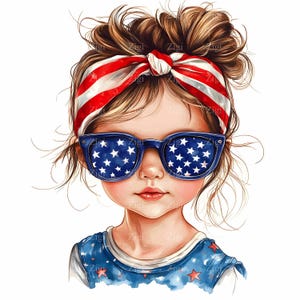 16 imágenes prediseñadas de niña patriótica en formato JPEG: linda niña con gafas y lazo con estrellas y rayas: arte JPEG del Día de la Independencia
