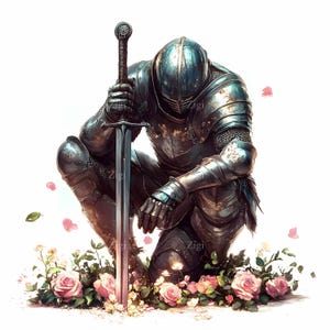 23 JPEG knielende ridderkunst – middeleeuwse krijger JPG-clipart – Fantasy armor illustratie voor crafters, gotische wanddecor, instant download
