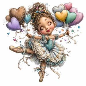 May include: A digital illustration of a young ballerina in a blue and white tutu, holding heart-shaped balloons. The ballerina is wearing ballet shoes and has her eyes closed. The balloons are various colors, including brown, purple, and yellow.