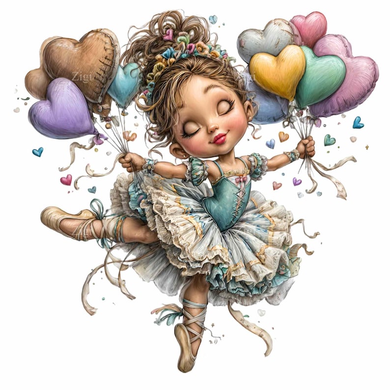 May include: A digital illustration of a young ballerina in a blue and white tutu, holding heart-shaped balloons. The ballerina is wearing ballet shoes and has her eyes closed. The balloons are various colors, including brown, purple, and yellow.
