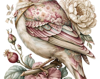 15 PNG Vintage Ornate Pink Bird Floral Peony Clipart Graphic