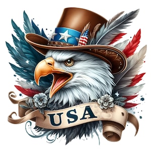 Clipart aquila patriottica, 12 aquile calve degli Stati Uniti con cappello da cowboy e bandiera PNG, arte digitale per il giorno dell'indipendenza e design a tema americano