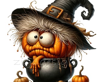 10 PNG Pumpkin Witch Cauldron Clipart, Halloween Funny Design