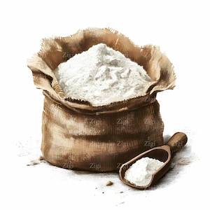 28 imágenes prediseñadas de sacos de harina (JPEG), bolsa de arpillera llena de harina blanca y cuchara, arte digital de ingredientes rústicos para hornear.