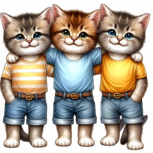 15 PNG Katzenfreunde PNG - Süße Kätzchen in T-Shirts - Freundschaft Tierkunst für Kinderzimmer Dekor und Geburtstag Handwerk