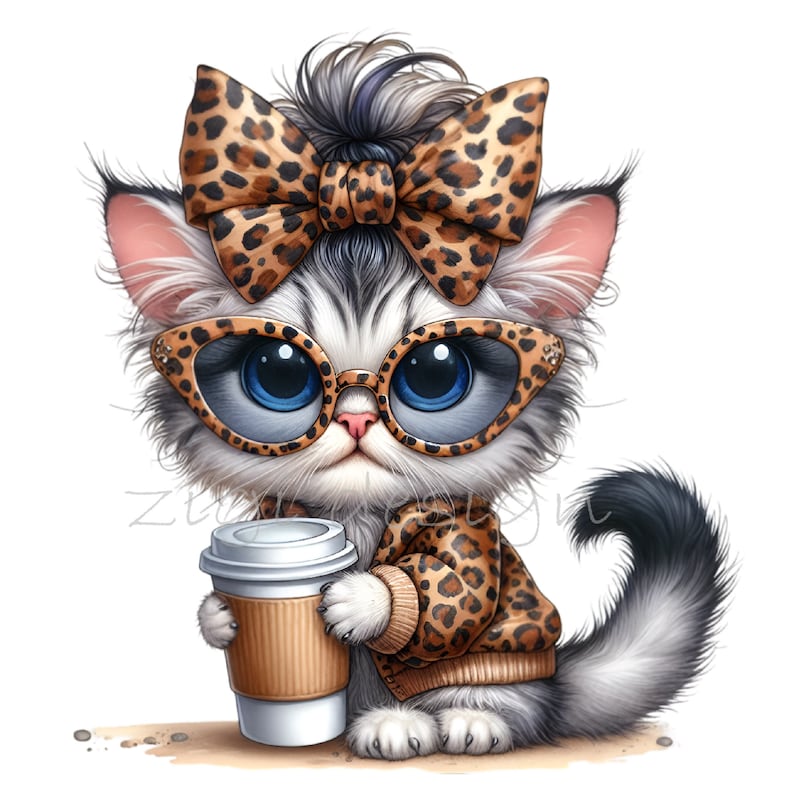 Puede incluir: Un lindo gato de dibujos animados con gafas de estampado de leopardo, un lazo de estampado de leopardo y una chaqueta de estampado de leopardo, sosteniendo una taza de caf&eacute; para llevar.