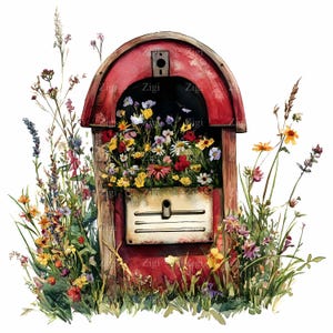 May include: A red vintage mailbox with a white metal door and a small keyhole. The mailbox is overflowing with a variety of colorful wildflowers.