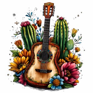 16 Mexicaanse gitaar PNG-illustraties - kleurrijke akoestische gitaar met cactus en bloemen - Fiesta Music digitale download