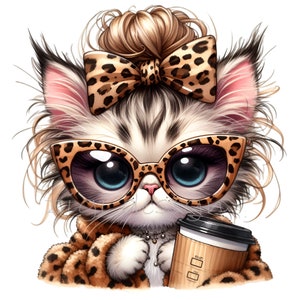 Imágenes prediseñadas de gatito, imágenes prediseñadas de lazo de leopardo, 14 PNG de piel de guepardo con estampado animal de café, camisetas escolares para maestros y niños, tazas de sublimación, planificadores imagen 2