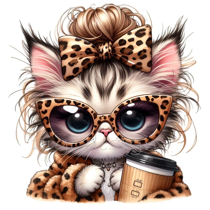 Imágenes prediseñadas de gatito, imágenes prediseñadas de lazo de leopardo, 14 PNG de piel de guepardo con estampado animal de café, camisetas escolares para maestros y niños, tazas de sublimación, planificadores imagen 2