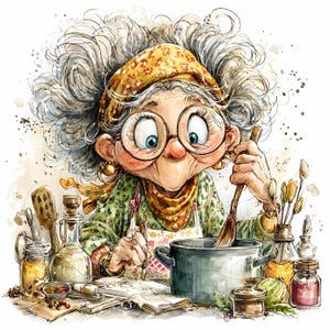 24 JPEG Cuisine fantaisiste de grand-mère - Images clipart JPG amusantes - Art de cuisine mignon pour cartes de recettes, décoration imprimable, cadeaux pour les gourmands