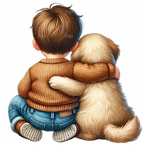 12 Boy and Dog Hug Clipart PNG | Cute Pet Illustration | Kids Friendship Sublimation | Boy Puppy Digital Art