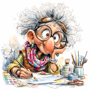 May include: A whimsical watercolor illustration of an elderly artist with glasses and goggles, painting at a desk. She wears a colorful scarf and earrings, with paintbrushes, paints, and a palette nearby. The style is cartoonish and expressive.