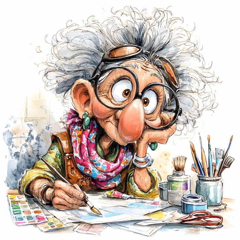 May include: A whimsical watercolor illustration of an elderly artist with glasses and goggles, painting at a desk. She wears a colorful scarf and earrings, with paintbrushes, paints, and a palette nearby. The style is cartoonish and expressive.