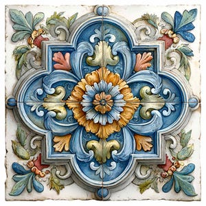 May include: Square ceramic tile with a detailed floral design. The tile features a central flower in shades of orange and blue, surrounded by ornate blue and gray scrollwork and accents of green and coral. The tile has a textured, aged appearance.
