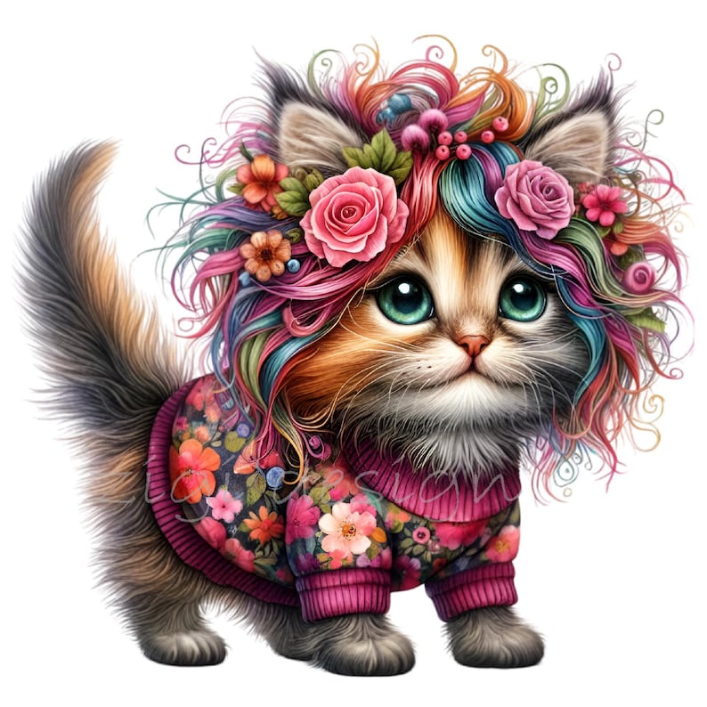12 PNG Floral Cat Clipart – Whimsical Kitten Illustration With Colorful ...