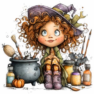 15 PNG Dziewczyna Wiedźma i Kocioł – Halloween Magic PNG Clipart – Uroczy Nietoperzowy Miksturowy Art na Karty, Wydruki Ścienne, Dekoracje Jesienne
