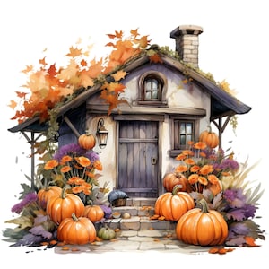 10 Cottage d'automne avec des citrouilles PNG Clipart – Illustration d'une maison d'automne avec des feuilles et des fleurs – Design par sublimation pour Thanksgiving