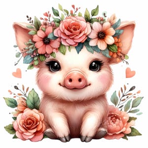 Clipart de cerdito con flores, 12 cerditos lindos con corona de flores PNG, arte digital adorable para niños y proyectos con temática de primavera