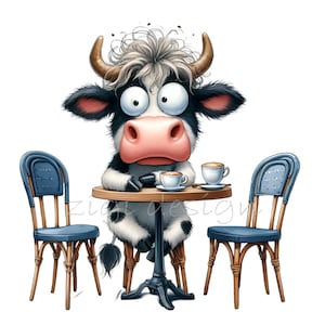 Mucca delle Highlands stravagante che beve caffè a un tavolo 14 PNG Clipart per progetti di design digitali e artigianato