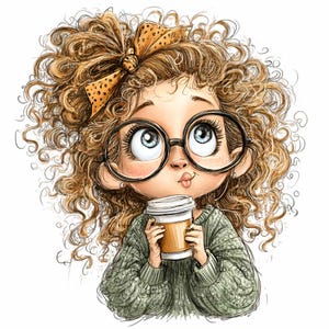10 PNG Cute Girl Clipart – Adorable Curly Haired Girl with Glasses and Coffee Digital Art for Wall Art, Stickers, Cards, Craft Projects
