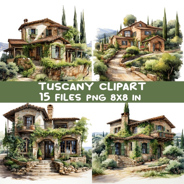 Toskana Clipart Bundle 15 PNG Aquarell italienisches Haus Land Szene Landschaft, digitales Papier Reise Sublimation