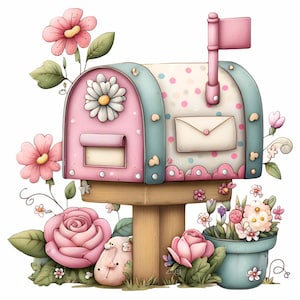 May include: A whimsical mailbox in pastel pink and blue, adorned with a large daisy and polka dots. The mailbox is surrounded by pink roses, daisies, and a small blue flower pot, creating a charming, floral scene.