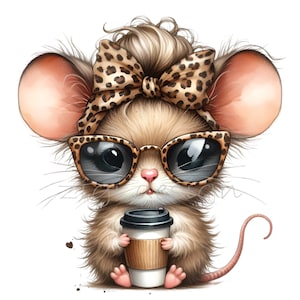 14 lindos ratones clipart / leopardo arco y taza de café PNG / descarga digital arte animal