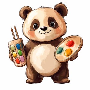 20 imágenes prediseñadas de un adorable panda artista: panda pintor de acuarela con pincel, paleta y materiales de arte - Descarga digital